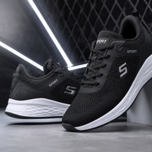 Men's Lightweight Black Sports Running Shoes with Cushioned Sole