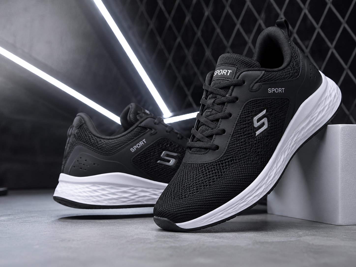Men's Lightweight Black Sports Running Shoes with Cushioned Sole