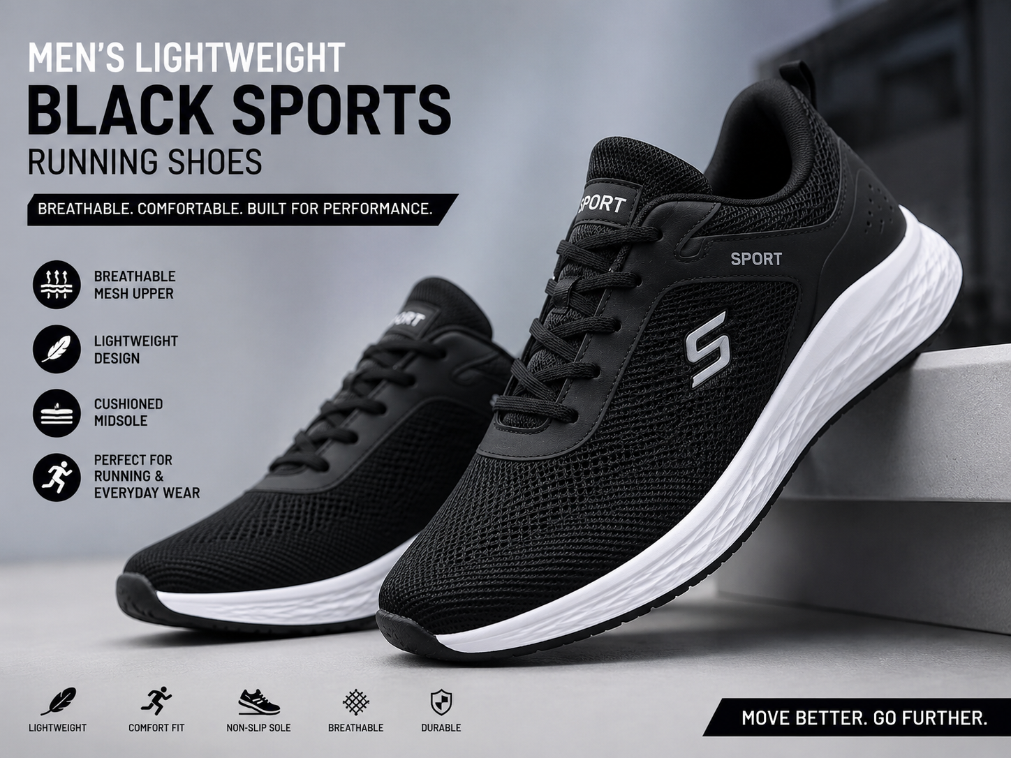 Men's Lightweight Black Sports Running Shoes with Cushioned Sole - Image 2
